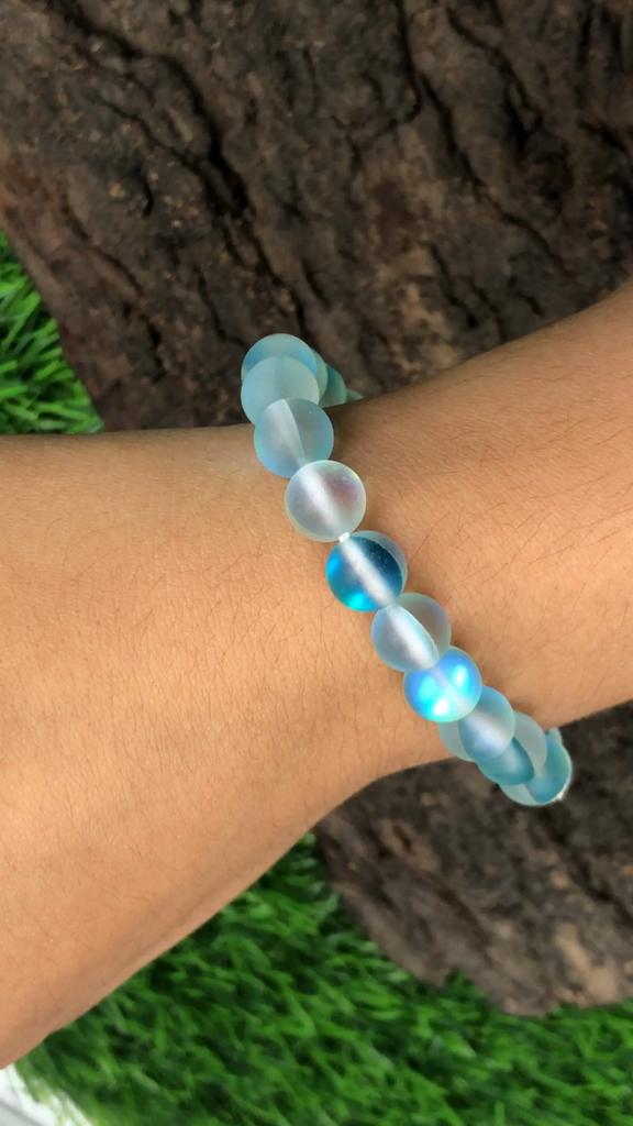 8mm Natural Matte Aura Quartz Bead Bracelet 7.5" Handmade Aqua Blue Matte Stretch Unisex Gift RBB-86
