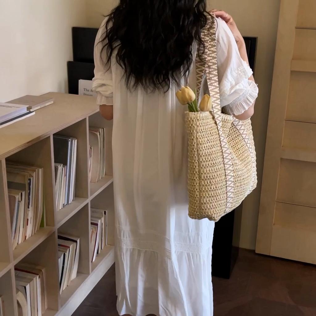 Contrast Straw Bag Large Capacity Holiday Beach Bag Women's Shoulder Tote Bag