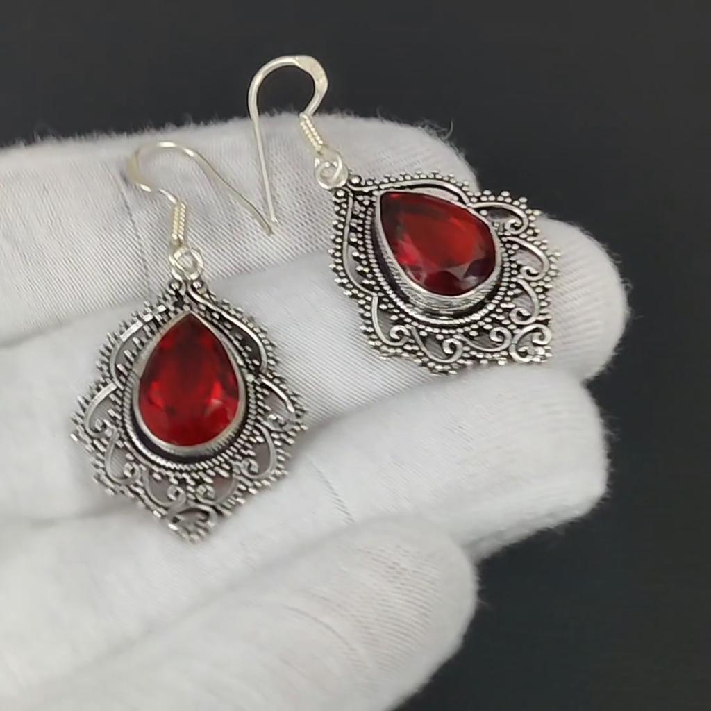 Rote Granat-Ohrringe, Edelstein-Ohrringe, antike rote Granat-Edelstein-Silber-Ohrringe, 925er massiver Silber-Edelstein-Schmuck, Edelstein-Ohrringe für Sie
