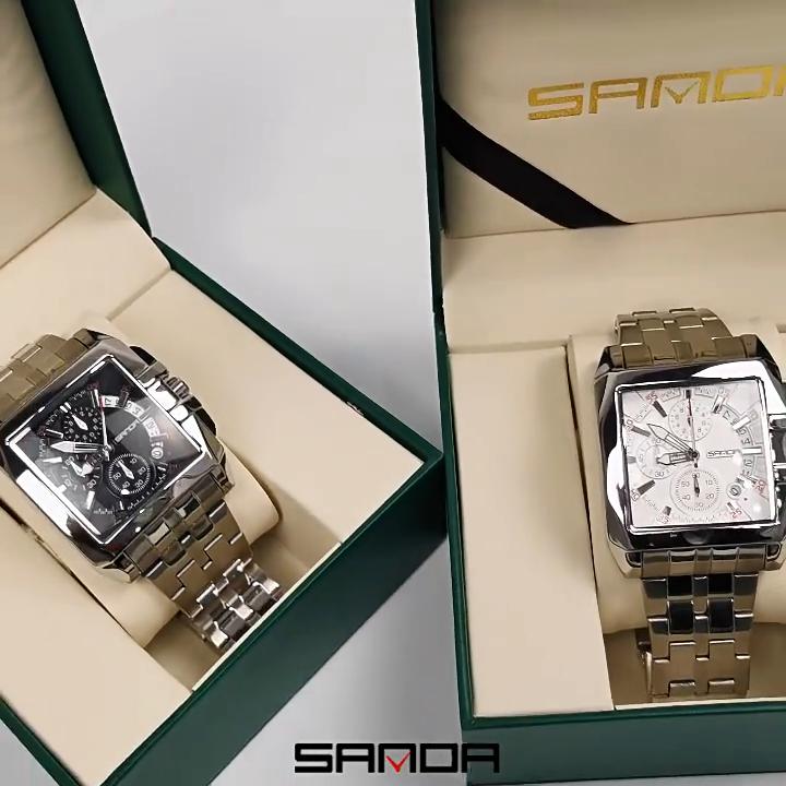 SANDA Nieuw Quartz Horloge Drie Ogen Zes Wijzers Modetrend Riem Kalender Heren Stalen Band Vierkant Quartz Horloge