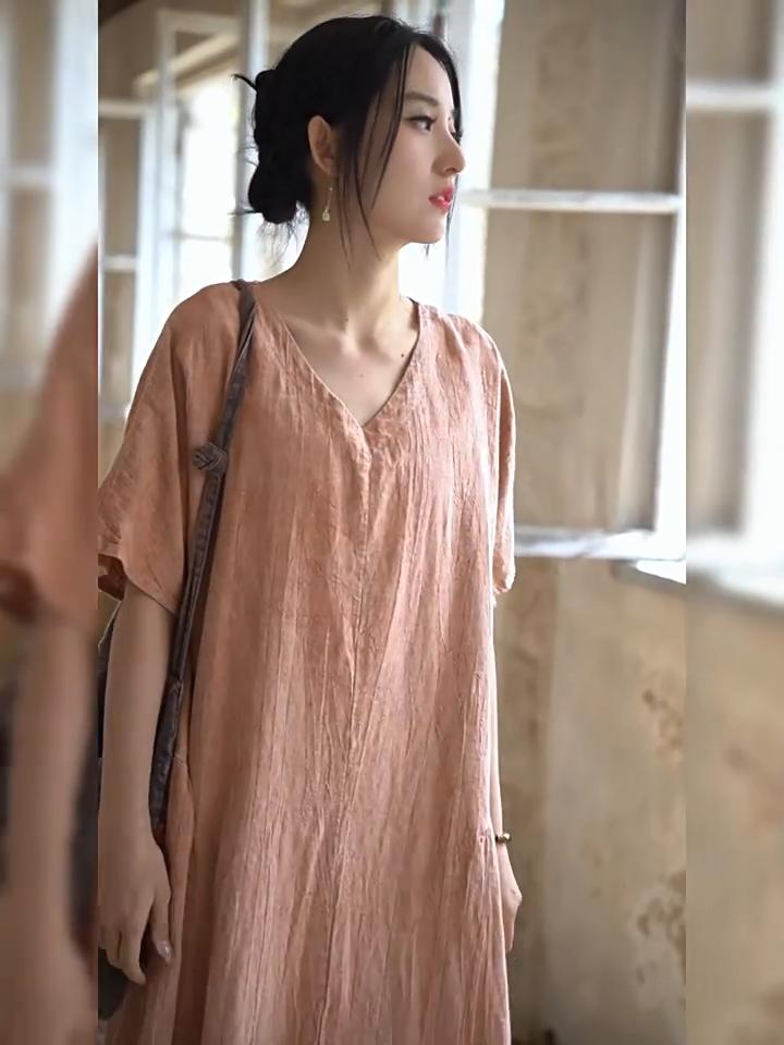 Johnature Abito estivo vintage da donna, con scollo a V, manica corta, tie-dye, ampio, a trapezio