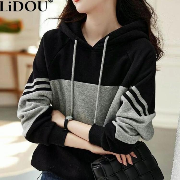 Autumn Winter Loose Casual Patchwork Hoodies Ladies Simple Fashion All-match Pullover Top Women Hooded Sweatshirt Female Clothes