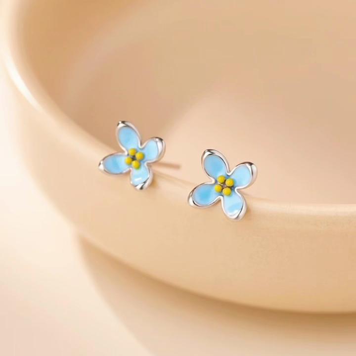 Orecchini a Bottone Floreali Blu per Donna, Stile Dolce e Fresco con Perni in Argento