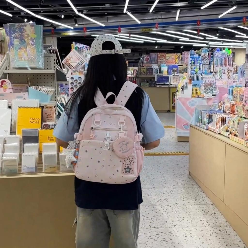 Cute Star Print Backpack with Multiple Pockets and Front Zip Compartment for School and Daily Use