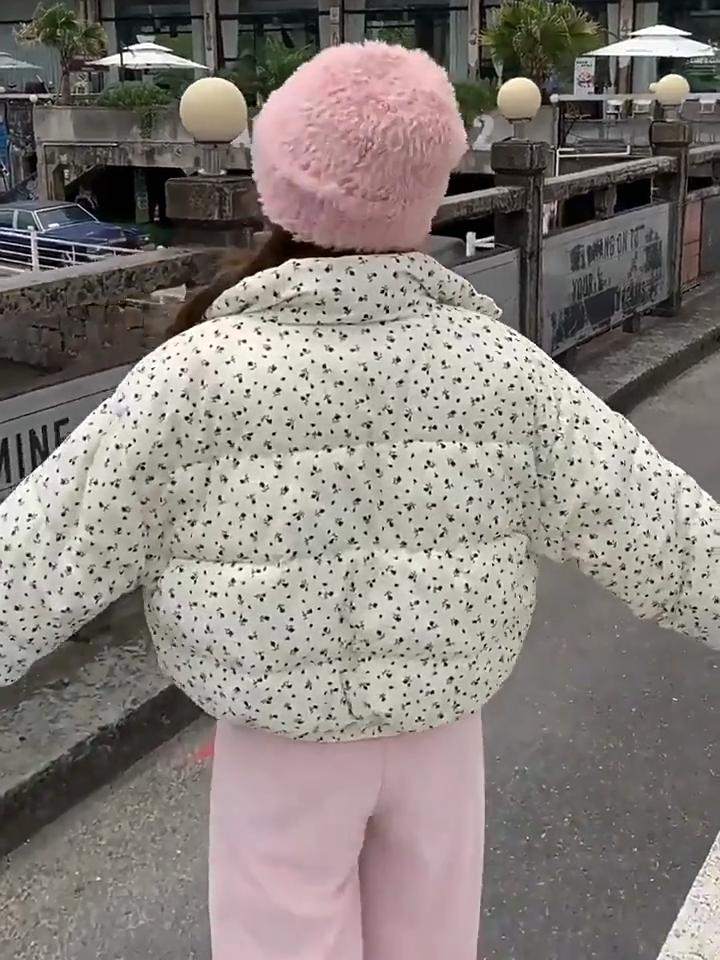 Abrigo de Pan para Mujer Otoño e Invierno Abrigo de Algodón Floral Chaqueta de Algodón Cálida de Invierno para Mujer Abrigo Corto con Cuello Mao Abrigo Grueso