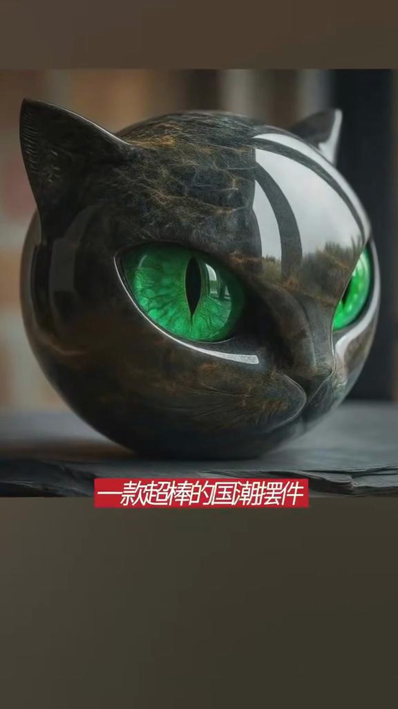 Uma luxuosa escultura de gato preto roxo feita de resina de pedra - uma elegante estátua com efeito de rocha vulcânica com olhos e orelhas finamente esculpidos.