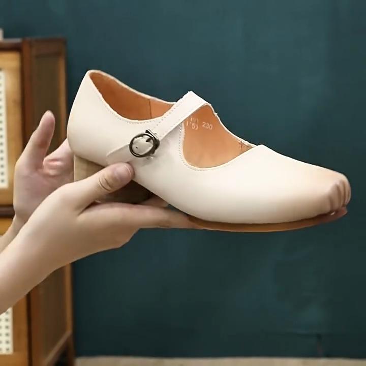 Johnature Cataramă vârf pătrat Pompe din piele naturală Moda Culoare uni Toc mijlociu Pantofi de damă