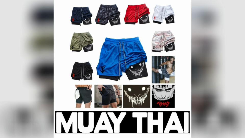 Berserk Muay Thai Kickboxen UFFC MMA Mixed Marcial Art Shorts Anime Männer Frauen Unisex Doppelschicht Schnelltrocknend Atmungsaktiv Sport Gym Fitness Workout