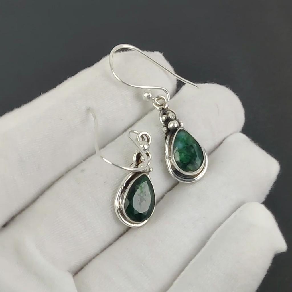 Beautiful Emerald Gemstone Earrings, 925 Sterling Silver Earring, Handmade Boho Silver Jewelry Dangle Earrings, Party Wear Gift