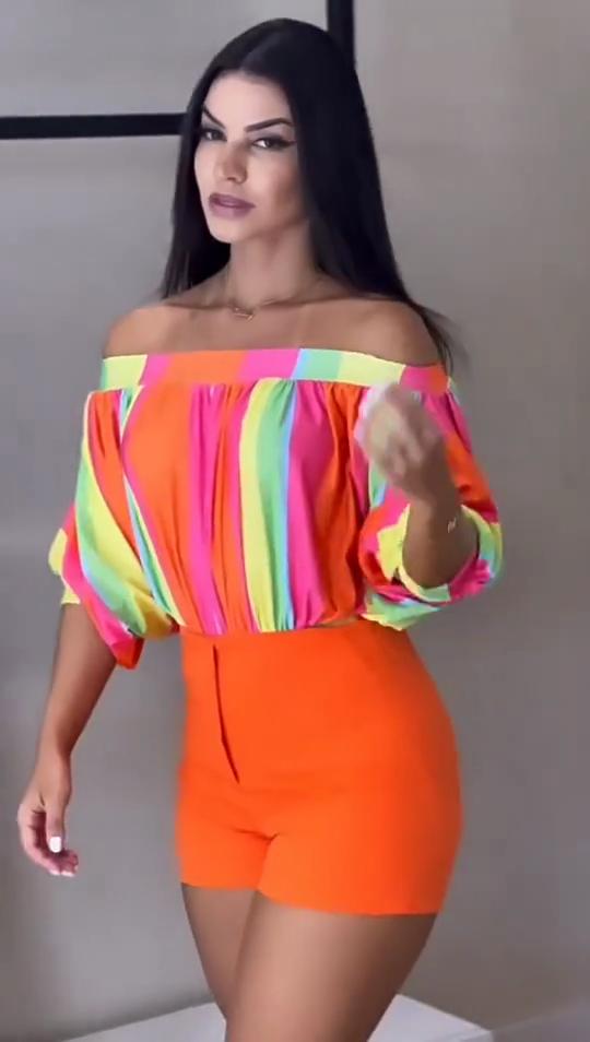YYFS Blusas y camisas de un solo hombro con manga corta y estampado de bloques de colores de moda informal para verano y primavera para mujer