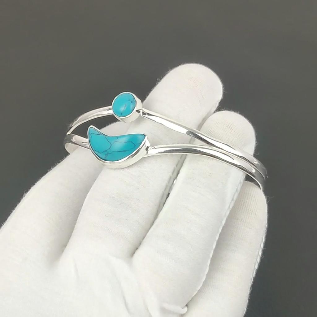 Brățară delicată cu piatră prețioasă turcoaz, manșetă lucrată manual, brățară manșetă din argint sterling 925, brățară turcoaz pentru soție, brățară unisex, cadou de Ziua Îndrăgostiților