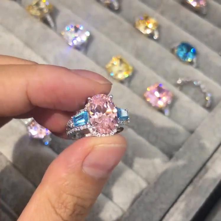 Gica Gema Eheringe aus Sterlingsilber für Damen Großer Ovaler Rosa Weiß Gelber Hochkarätiger Diamant Party Feiner Schmuck