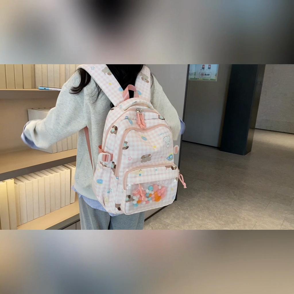 Cartoon Katze Muster Damen Rucksack Karomuster Schultasche