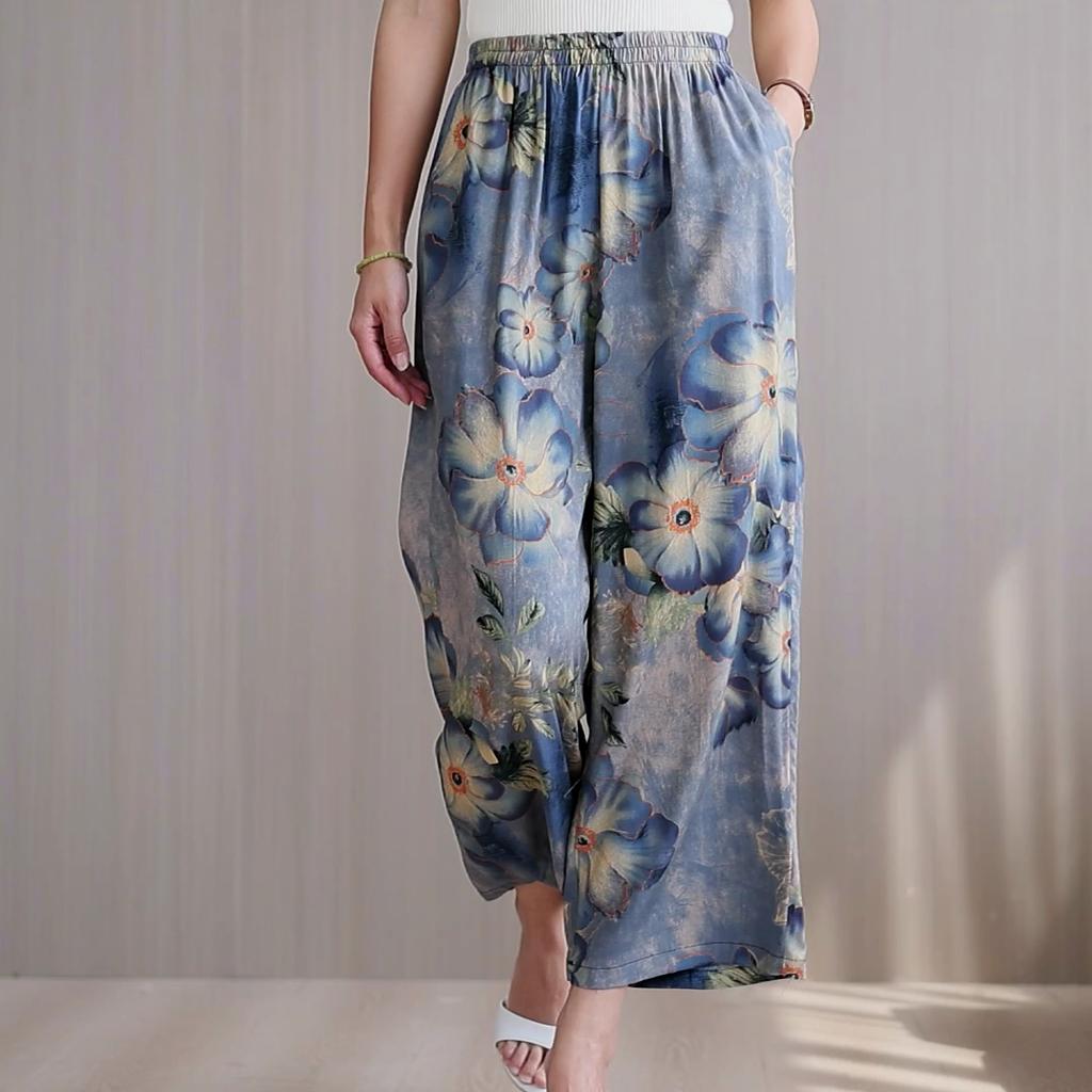 Pantalones de Verano para Mujer de Talla Grande Cintura Alta Sueltos Ropa Vintage Cintura Elástica Pantalones de Verano
