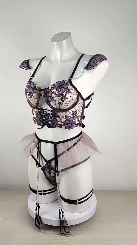 European and American Women Lingerie Set Three-Piece Sheer Mesh Embroidered Underwear Set Sexy Bra and Thongs Set