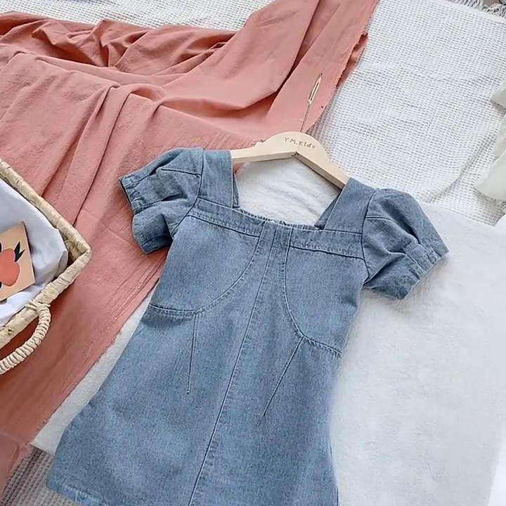 אופנה בנות שמלת ג'ינס Ins Style שמלת A- ליין לילדים שמלת קז'ואל
