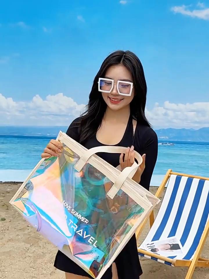 Holographic Transparent Beach Tote Bag Waterproof Large Capacity Women Shoulder Bag TPU Wet Dry Separation Swimming Travel Shopping Handbag