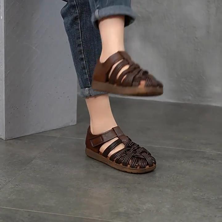 Johnature Retro Woven Women's Sandals Genuine Leather Soft Sole Flat Hollow-out Roman Shoes