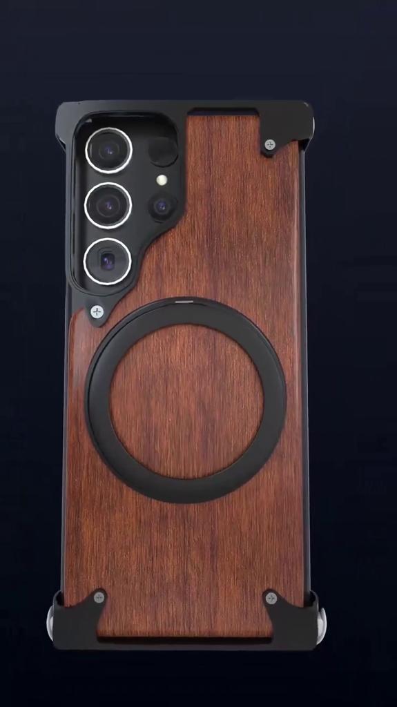 Custodia in Legno Massello Eary per Samsung Galaxy S24 Ultra con Supporto Magnetico Girevole a 360° Magsafe Cover Bumper Design Senza Bordi