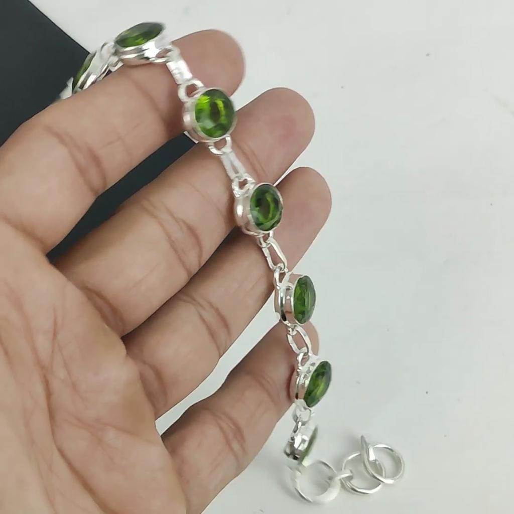 Delicada Pulsera de Plata de Ley 925 Hecha a Mano con Gema de Peridoto, Pulsera de Peridoto para Esposa, Pulsera Unisex Regalo de Cumpleaños para Esposa