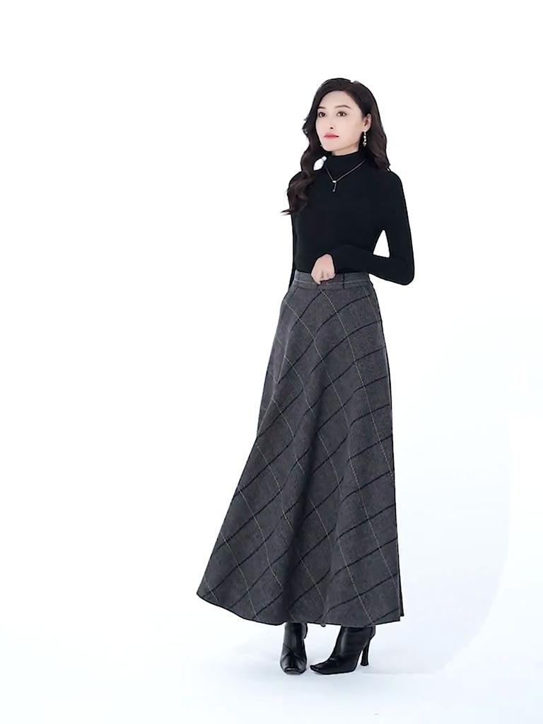Nueva Falda de Cuadros de Lana para Mujer Largo Medio Otoño e Invierno Adelgazante Cintura Alta Falda Línea A Falda Larga Casual