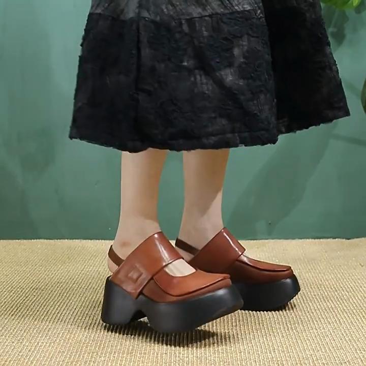 Johnature Retro Round Toe Thick Soled Sandals Versatile Genuine Leather Thick Heel Women's Platform Shoes