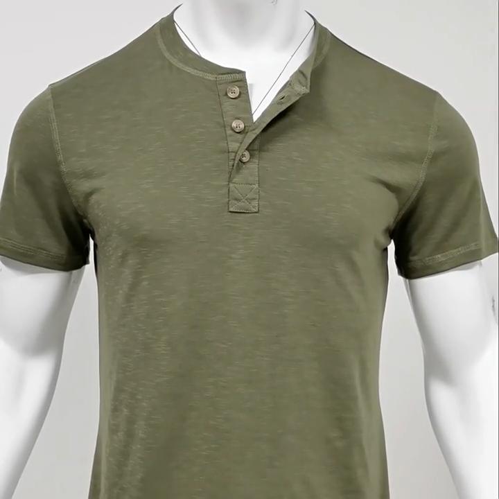 Amerikaanse Stijl Mannen Zomer T-shirt Effen Korte Mouw Henry Shirt Geknoopt Rond Hals Top