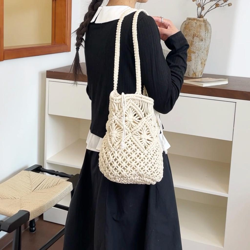 Drawstring Handwoven Tote Bag for Women Boho Summer Beach Bag with Geometric Pattern