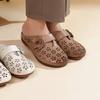 Johnature Ethnic Style Flower Hollowed Out Breathable Women's Slippers Genuine Leather Shoes Outdoor Slides