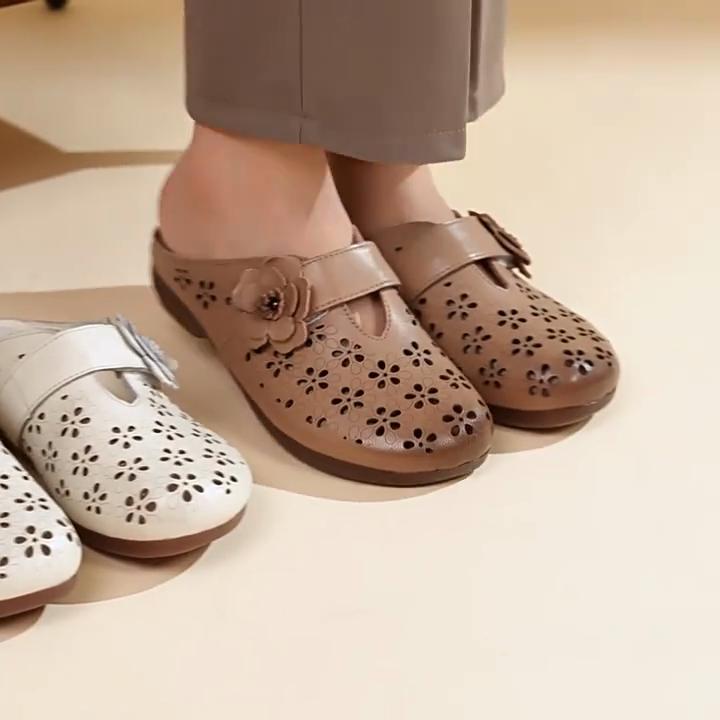 Johnature Ethnic Style Flower Hollowed Out Breathable Women's Slippers Genuine Leather Shoes Outdoor Slides