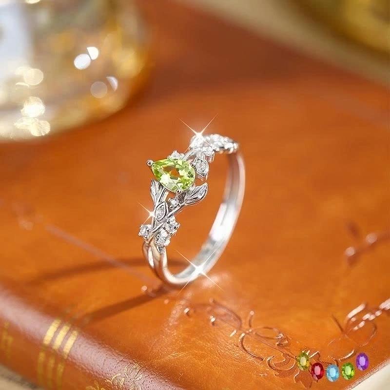 S925 silver ring female laurel branch natural crystal stone live mouth hand jewelry electroplated white gold niche design sense daily jewelry gift