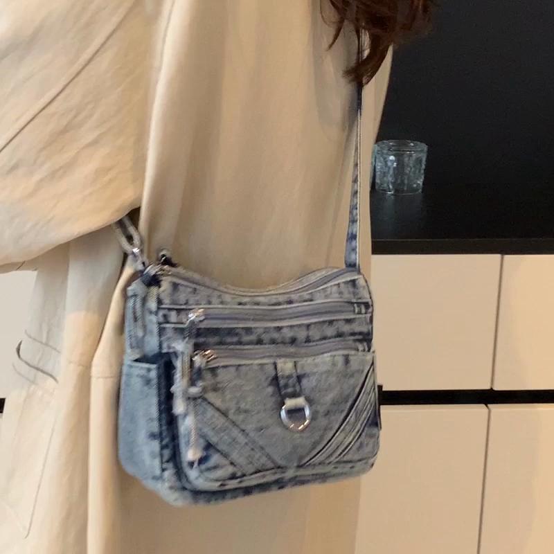 Women's Bag Vintage Denim Bag Travel Crossbody Bag Multi-Layer Shoulder Bag Underarm Bag