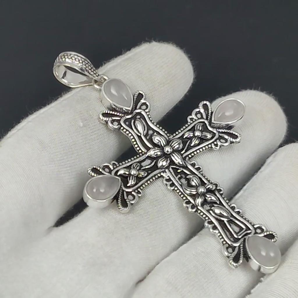Rose Quartz Gemstone Pendant Rose Quartz Gemstone Handmade 925 Sterling Silver Cross Pendant For Gifts Pendant For Her For Women Jewelry
