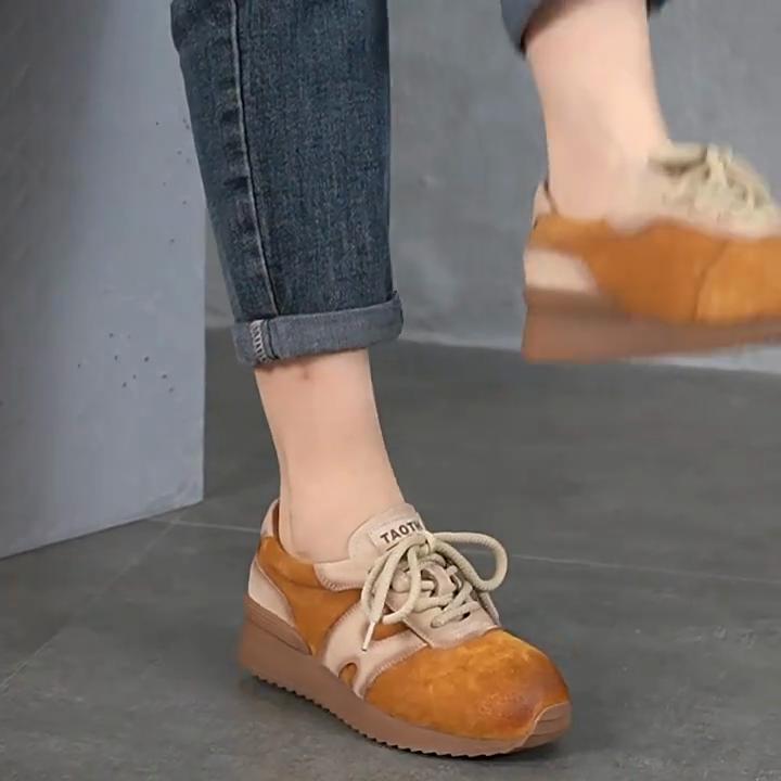 Johnature Round Toe Genuine Leather Women's Sports Shoes Lace Up Casual Versatile Sneakers