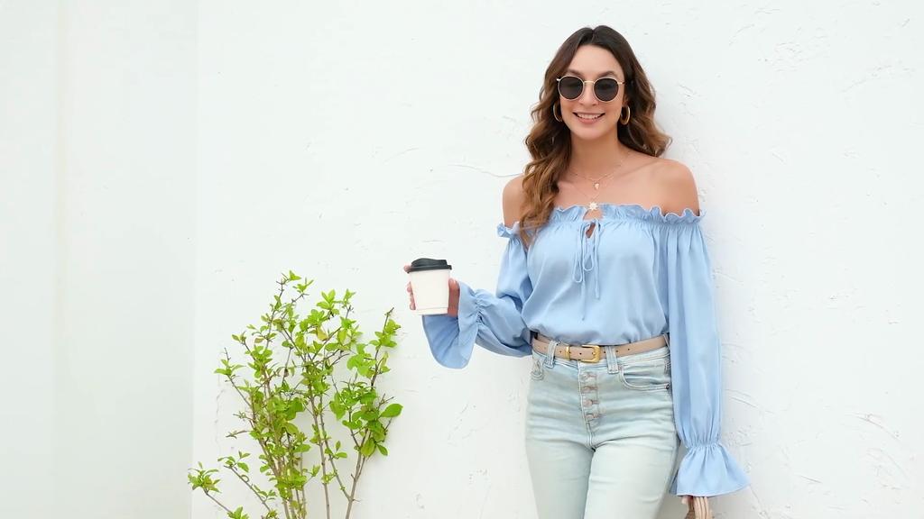 Damen Schulterfrei Bluse Langarm Rüschen Tunika Top Elegant Lässig
