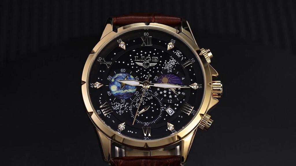 LIGE New Fashion Men Watch Luxury Business Starry Sky Leather Men Quartz Watch Night Glow Waterproof Wristwatch Automatic Date Timing Code Watch