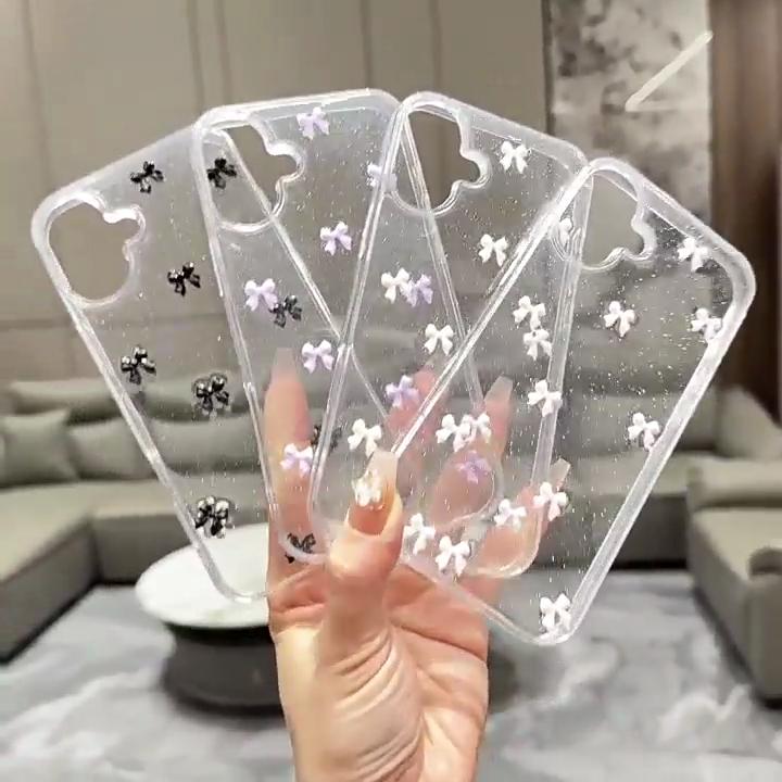 Cute 3D Bowknot Glitter Phone Case For iPhone 16 15 14 13 12 11 Pro Max Plus MiNi 2025 Korean Girl Soft Cover Epoxy Clear Shell