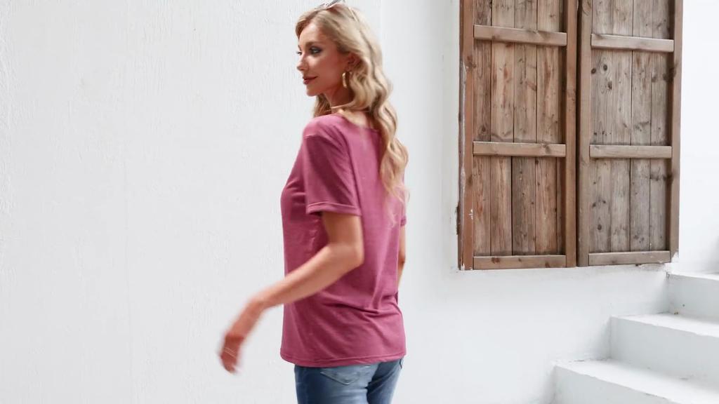 Women's Deep V Neck T-Shirt Short Sleeve Loose Fit Solid Casual Basic Top