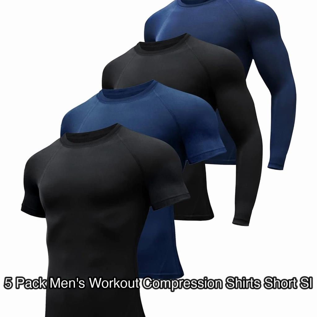 5 Pack Men's Workout Compression Shirts Short Sleeve Shirts, Black, Blue, White