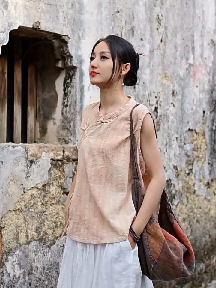 Johnature Damen Vintage Hemden Tops Stehkragen Ärmellos Knopfblusen Sommer Batik Chinesischer Stil Hemden