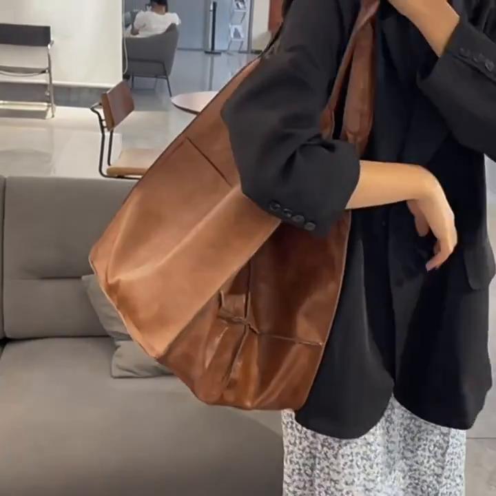 Retro Handmade Big Beach Tote Bag High Capacity Shoulder Solid Color Multifunction Handbags for Ladies