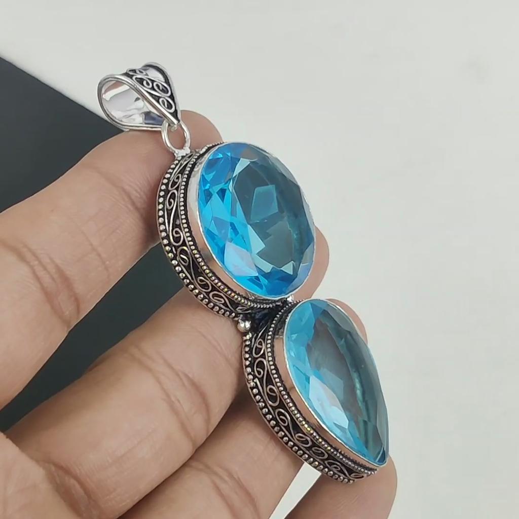Muhteşem İsviçre Mavi Topaz Değerli Taş Kolye 925 Ayar Gümüş- El Yapımı Tasarım, Günlük Kullanım Takısı, Eşsiz İsviçre Mavi Topaz Çift Taşlı Kolye