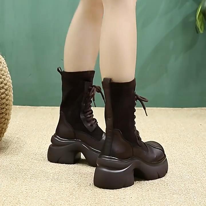 Johnature Botas de Media Caña de Cuero Genuino con Empalme de Tejido Elástico y Suela Gruesa, Botas de Plataforma Versátiles para Mujer
