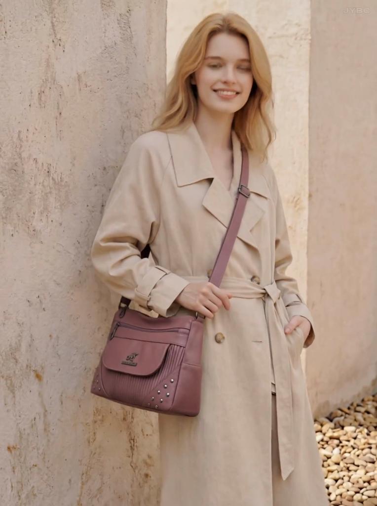 Solid Color Women Crossbody Bag with Ribbed Panel Stud Detailing Elegant Faux Leather Shoulder Bag for Daily Wear