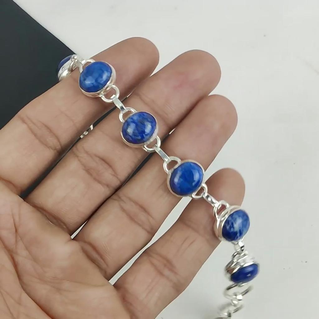 Bracelet en argent sterling 925 fait main avec pierre précieuse en lapis-lazuli naturel, bracelet en argent lapis-lazuli pour femme, bracelet unisexe cadeau d'anniversaire pour l'amour