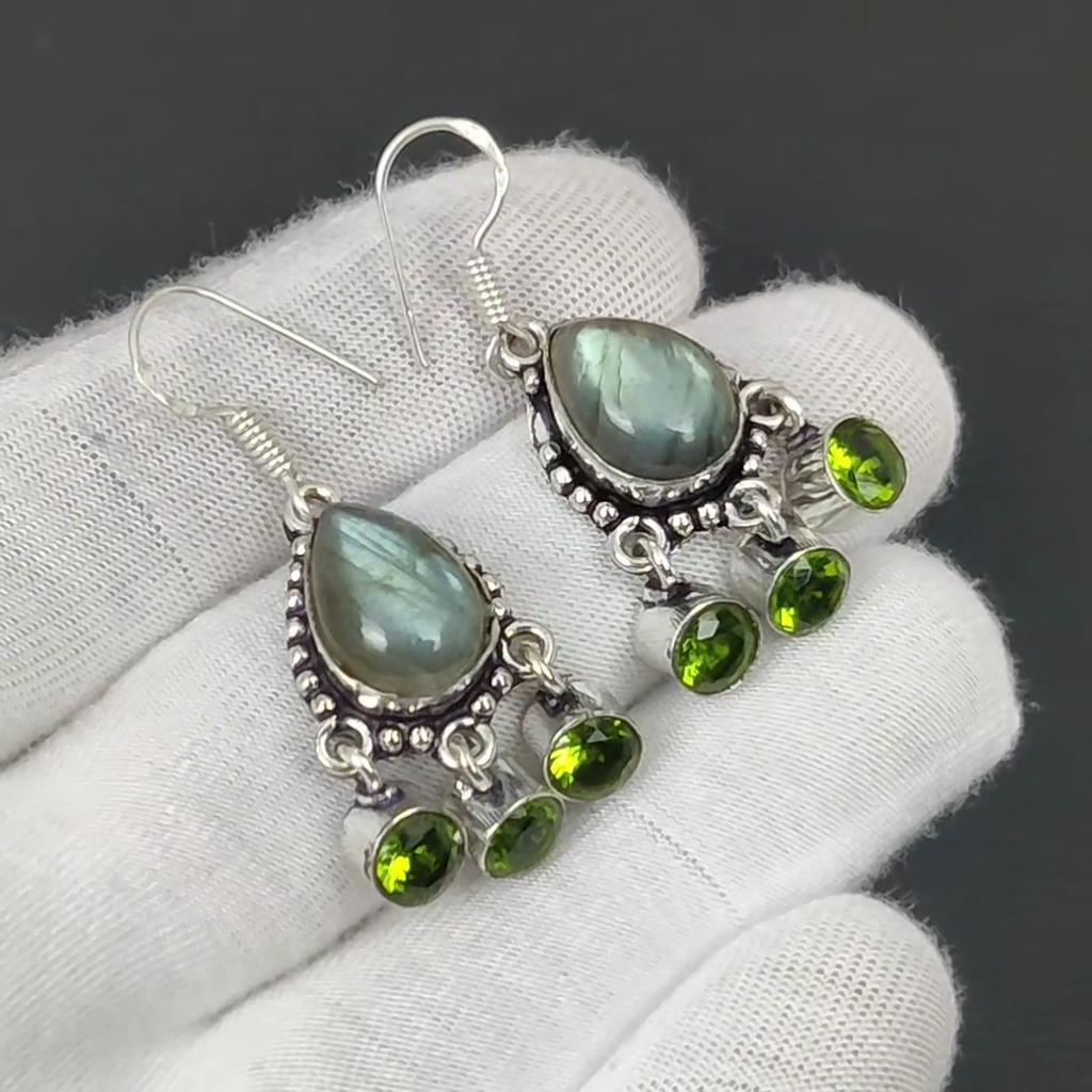 Labradorit, Peridot Ohrringe, Edelstein Ohrring, Antiker Edelstein Silber Ohrring, 925 Massiv Silber Edelstein Schmuck, Edelstein Ohrring für Sie
