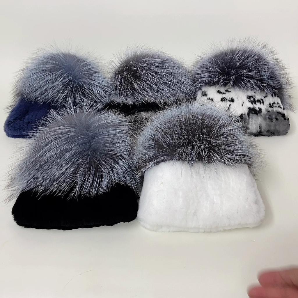 Gorro de piel de conejo Rex auténtica de lujo para mujer, gorro de piel de conejo Rex tejido, gorro de piel de zorro Natural, gorros de piel auténtica de zorro