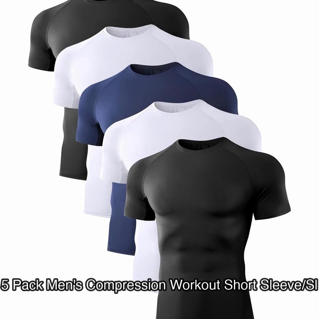 5 Pack Men's Compression Workout Short Sleeve/Sleeveless Shirts, 5 Black (5 Short Sleeve)