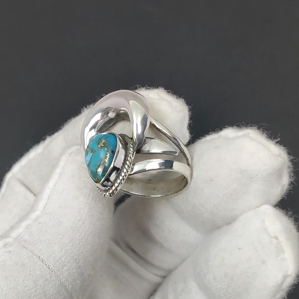 Justerbar Ring i Blå Kopparturkosin 925 Sterlingsilver - Passar US Storlekar 6 till 10 - Handgjorda Boho Smycken för Kvinnor & Män, Alla Hjärtans Dag Presenter