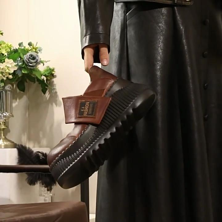 Johnature Zapatos de plataforma plana con punta redonda retro y suela gruesa de cuero genuino para mujer